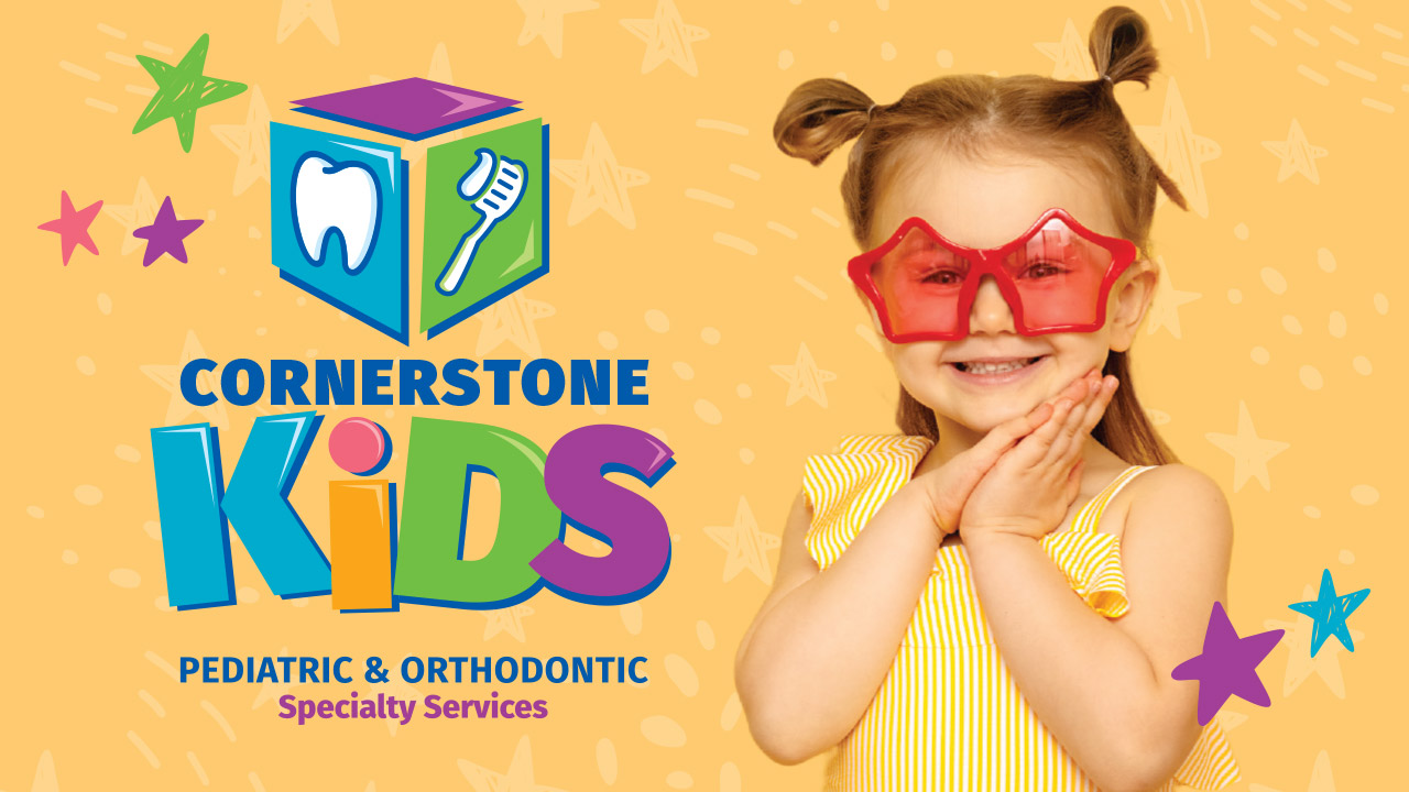 Cornerstone Kids Logo and a little girl with glasses